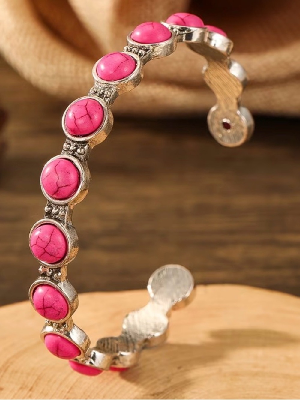 Western Pink Bracelet Bohemian Pink Stone Silver Cuff Bracelet